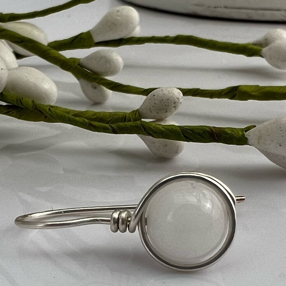 Artisan White Jade and Silver Wire Wrapped Earrings - Picture 2 of 11